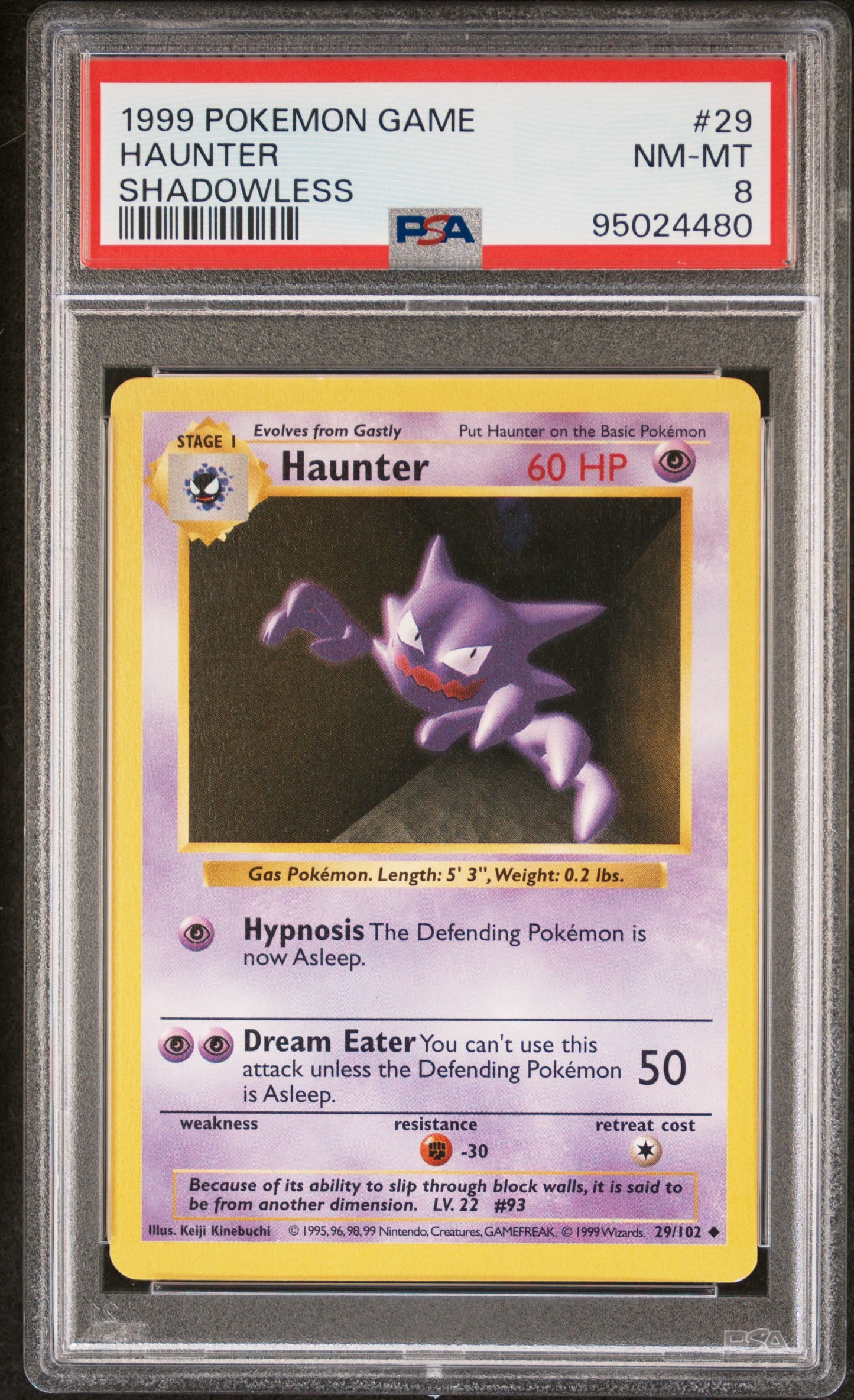 1999 Pokemon Base Set Shadowless Haunter #29 PSA 8 NM-MT