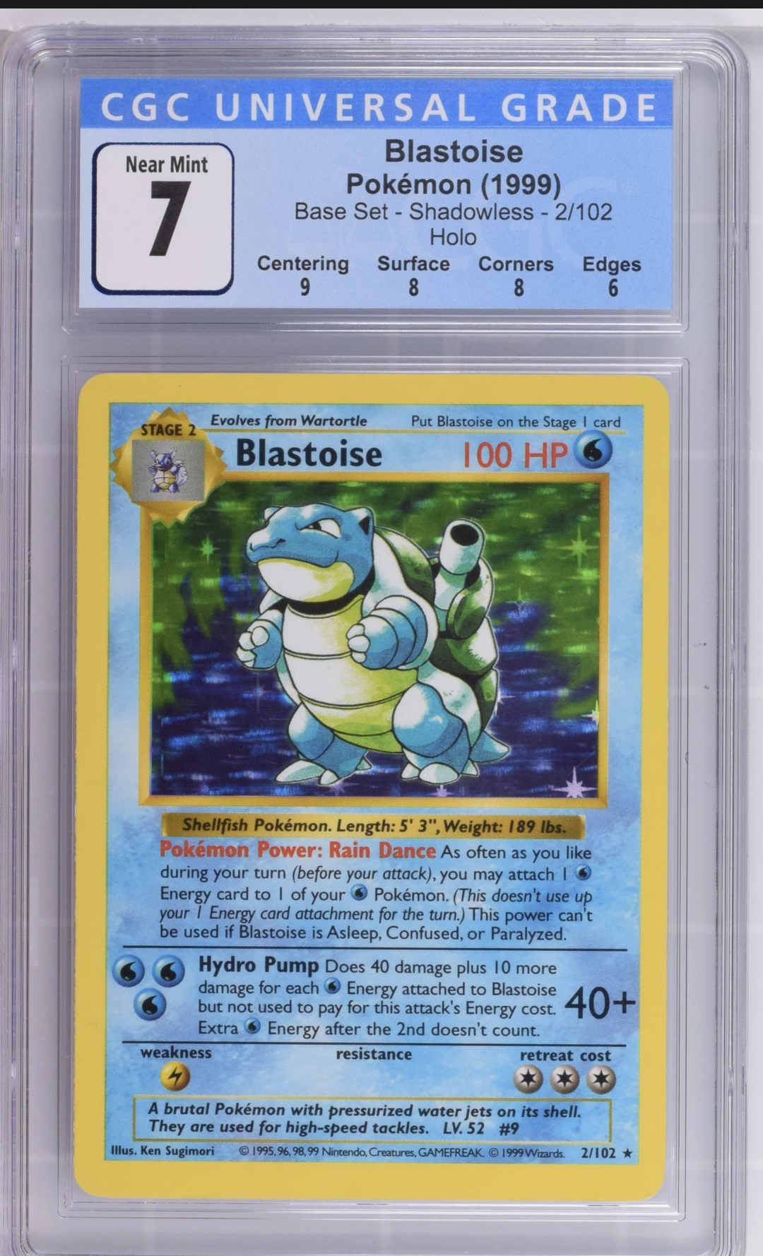 1999 Base Set Shadowless Blastoise 2/102 CGC 7